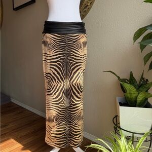 Tan and Black Zebra-Print Maxi Skirt with Faux Leather Waistband size XS